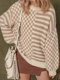 Stripe Checkerboard Drop Shoulder Balloon Sleeve Sweater - Update AvenueTrendsi1001000140678791001000140678798b6043b20cf344ffbec8c86c790a7e74 - Max - OriginTan