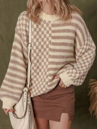 Stripe Checkerboard Drop Shoulder Balloon Sleeve Sweater - Update AvenueTrendsi100100014067879100100014067879dd3e34167a7b4936ab7b043391867e89 - Max - OriginTan