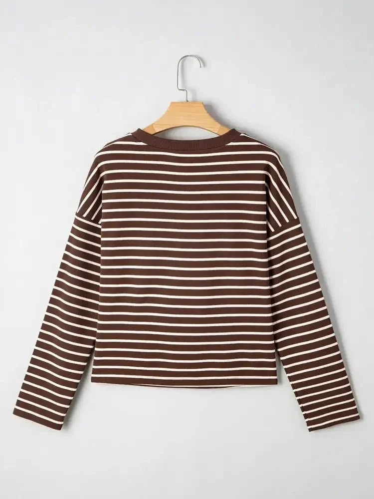 Stripe Cropped Crew Neck Long Sleeve T Shirt - Update AvenueT-ShirtsTrendsi1001001493425451001001493425456453c6f729524421aa6bb08dbe6581ed - Max - OriginBrown Stripe