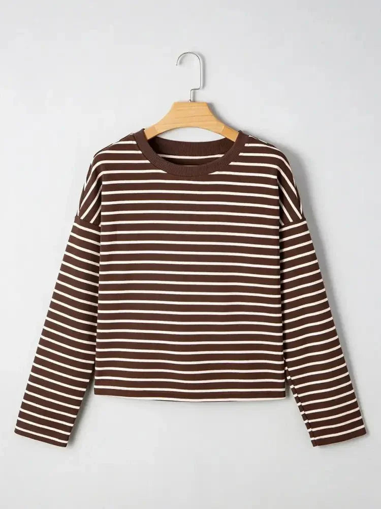 Stripe Cropped Crew Neck Long Sleeve T Shirt - Update AvenueT-ShirtsTrendsi100100149342545100100149342545af0f966d283447cf94cce7b41cf191fc - Max - OriginBrown Stripe