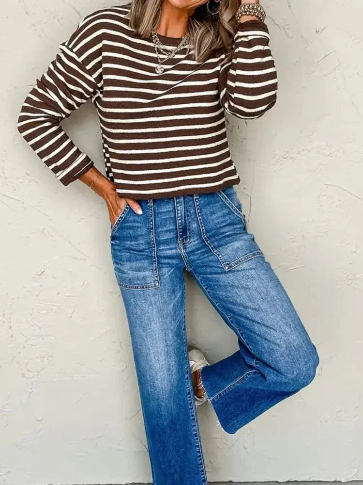 Stripe Cropped Crew Neck Long Sleeve T Shirt - Update AvenueT-ShirtsTrendsi1001001493425451001001493425452ffd83cd - 3b2c - 474d - 94ff - b6312efaabc2 - Max - OriginBrown Stripe