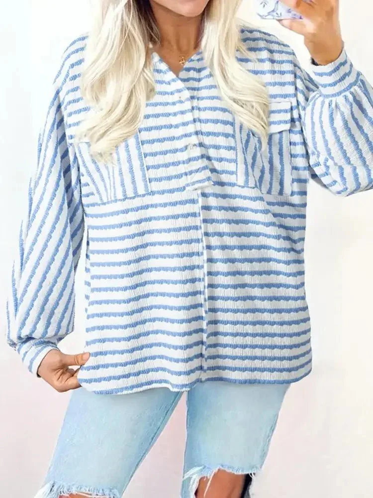 Stripe Half Button Collared Chest Pockets Loose Fit Blouse - Update AvenueDaily EssentialsTrendsi1001000817129701001000817129707b725a6a8a254ed7a391fedea98ea86d - Max - OriginLight Blue