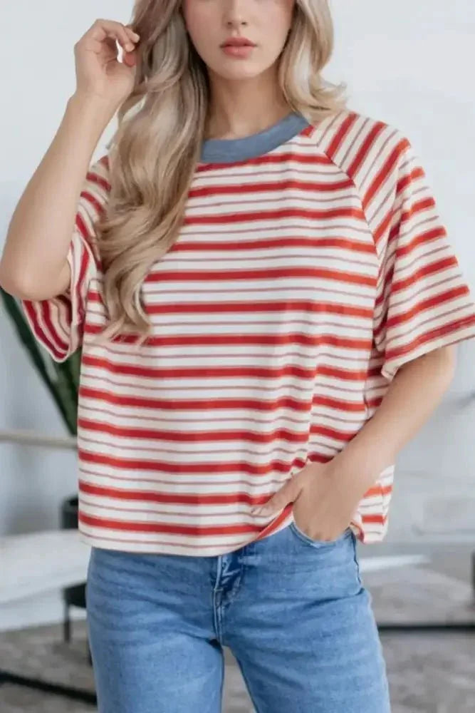 Stripe Print Contrast Collar Raglan Sleeve T Shirt - Update AvenueT-ShirtsTrendsi100100409501100100100409501100d8088735 - 05c3 - 4b96 - 984f - 6708b45198c7 - Max - OriginCoral
