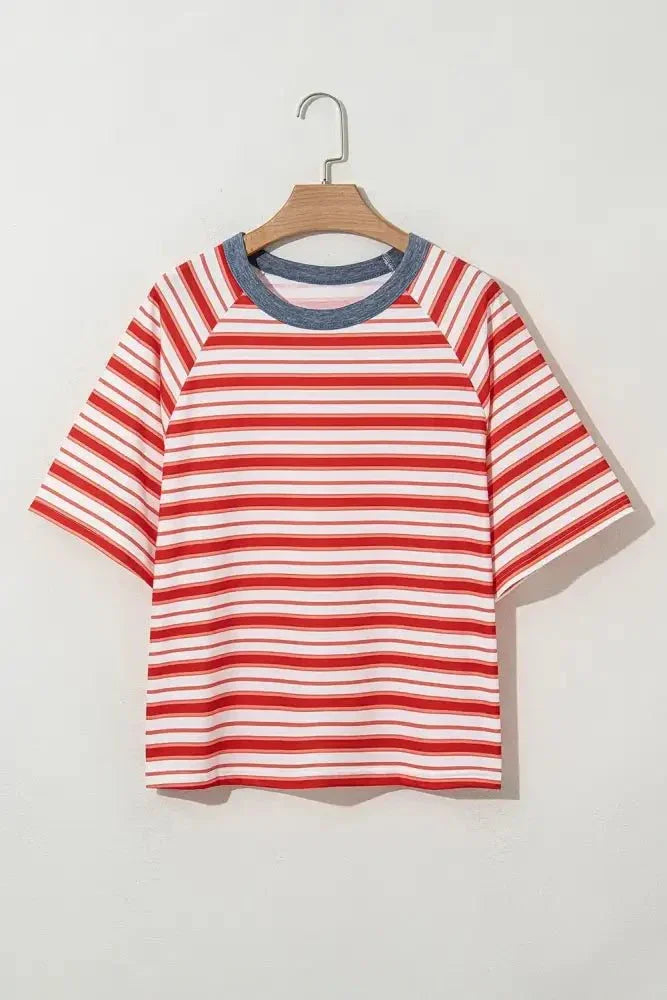 Stripe Print Contrast Collar Raglan Sleeve T Shirt - Update AvenueT-ShirtsTrendsi100100409501100100100409501100e57f7600 - a5f3 - 4d22 - be3e - f87a48d545be - Max - OriginCoral