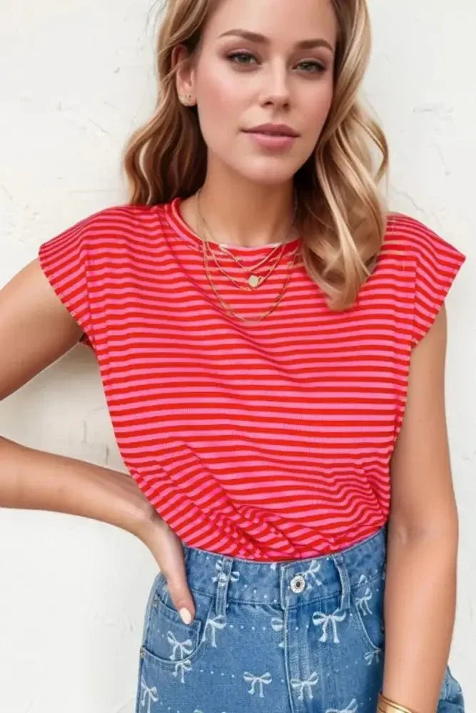 Stripe Ribbed Cap Sleeve Round Neck T Shirt - Update AvenueT-ShirtsTrendsi1001002226084701001002226084707af575ae - 1a80 - 4f39 - bd34 - 849a660aabbd - Max - OriginStrawberry
