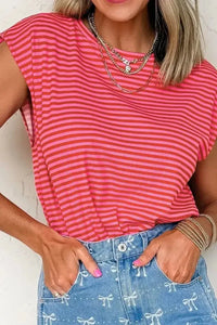Stripe Ribbed Cap Sleeve Round Neck T Shirt - Update AvenueT-ShirtsTrendsi1001002226084701001002226084703704657a - d4e9 - 4508 - b508 - 4956611993dc - Max - OriginStrawberry