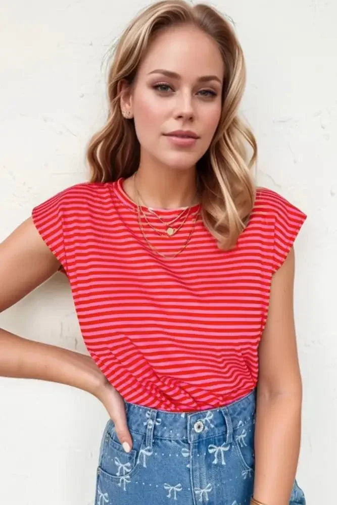 Stripe Ribbed Cap Sleeve Round Neck T Shirt - Update AvenueT-ShirtsTrendsi100100222608470100100222608470fc8c65a2 - 6fcf - 4280 - b2a0 - 974f1a802d41 - Max - OriginStrawberry