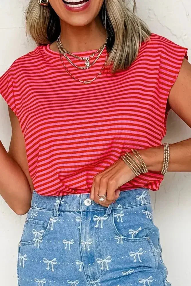 Stripe Ribbed Cap Sleeve Round Neck T Shirt - Update AvenueT-ShirtsTrendsi100100222608470100100222608470eda5c54a - 826a - 44be - 9eec - 29a96c097f5e - Max - OriginStrawberry