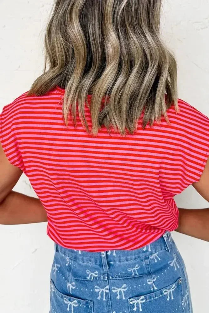 Stripe Ribbed Cap Sleeve Round Neck T Shirt - Update AvenueT-ShirtsTrendsi1001002226084701001002226084708fda9c43 - 29c3 - 424f - 8a35 - d7268fa181ec - Max - OriginStrawberry