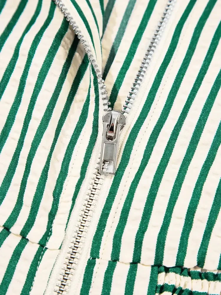 Stripe V Neck Zip Front Cinched High Waist Midi Dress