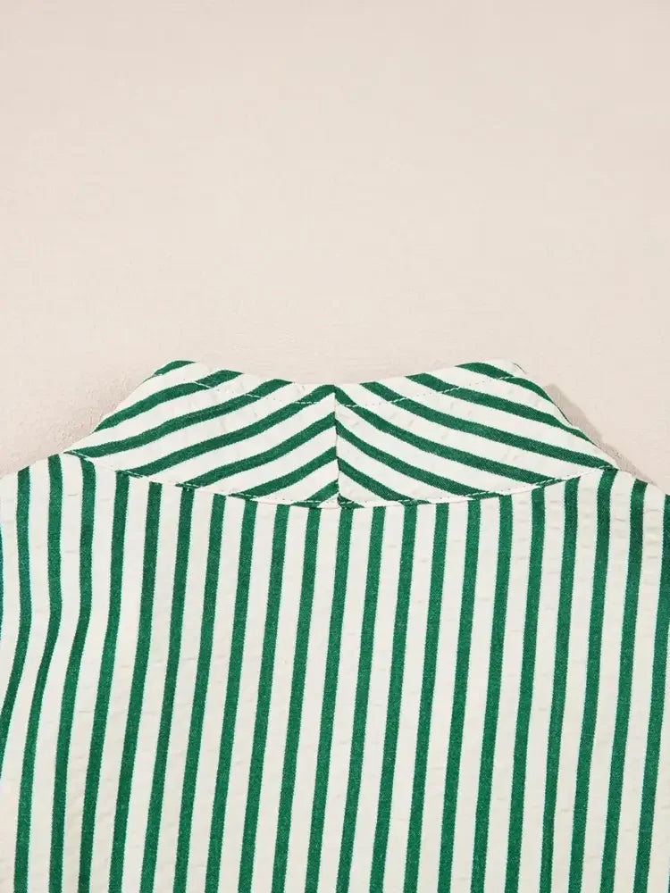 Stripe V Neck Zip Front Cinched High Waist Midi Dress
