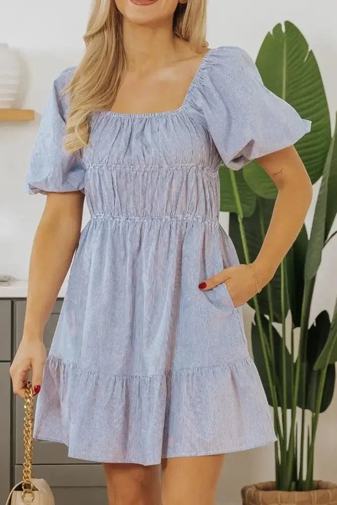 Striped Bubble Sleeve Ruched Babydoll Dress - Update AvenueTrendsi100100610723160100100610723160e42c43f4 - a31a - 4058 - ac56 - 909b29bf083e - MaxLight Blue