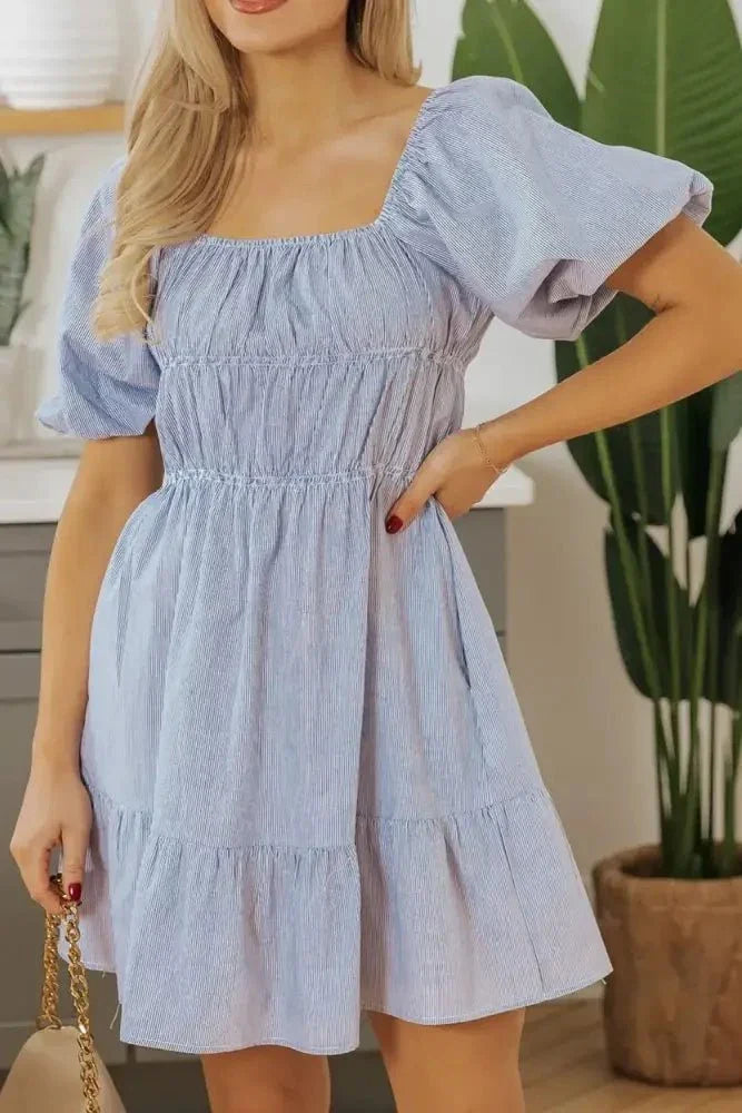 Striped Bubble Sleeve Ruched Babydoll Dress - Update AvenueTrendsi1001006107231601001006107231601e0fcb65 - 5801 - 42c7 - b91b - 55632ff025df - MaxLight Blue