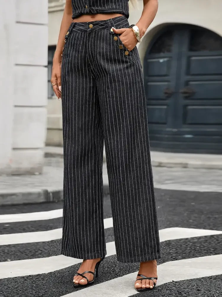 Striped Button Down Tank and Pants Denim Set