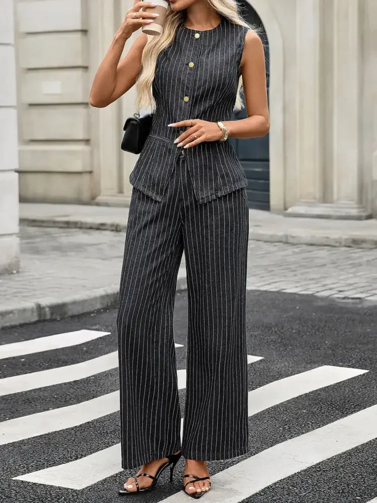 Striped Button Down Tank and Pants Denim Set