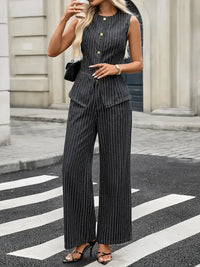 Striped Button Down Tank and Pants Denim Set