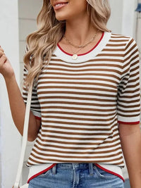 Striped Casual T-Shirt with Contrast Trim - Update AvenueT-ShirtsTrendsi100100090772069100100090772069f5fe900b2270464a86cf542624961473 - Max - OriginBrown/White