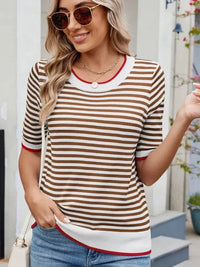 Striped Casual T-Shirt with Contrast Trim - Update AvenueT-ShirtsTrendsi1001000907720691001000907720690858ee8df7fa4d039c2a2a2a678b24d5 - Max - OriginBrown/White