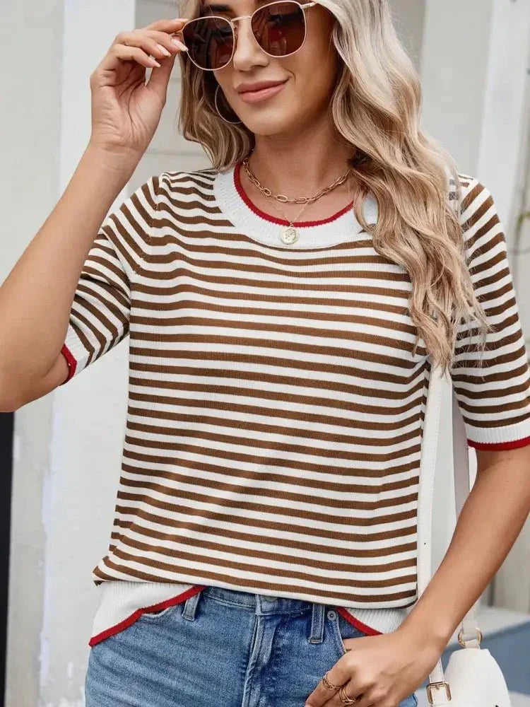 Striped Casual T-Shirt with Contrast Trim - Update AvenueT-ShirtsTrendsi10010009077206910010009077206992be8ea8ba6a484184c9cc74880d6301 - Max - OriginBrown/White