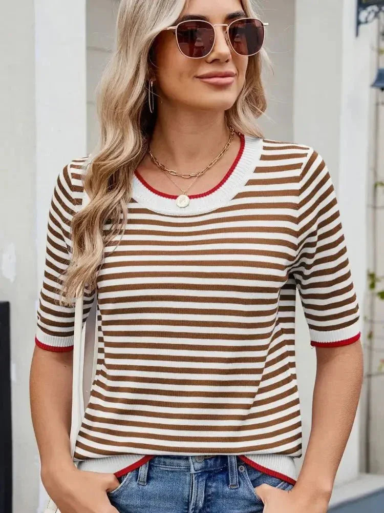 Striped Casual T-Shirt with Contrast Trim - Update AvenueT-ShirtsTrendsi100100090772069100100090772069374346fff25a44b09b25f9b2176a478a - Max - OriginBrown/White