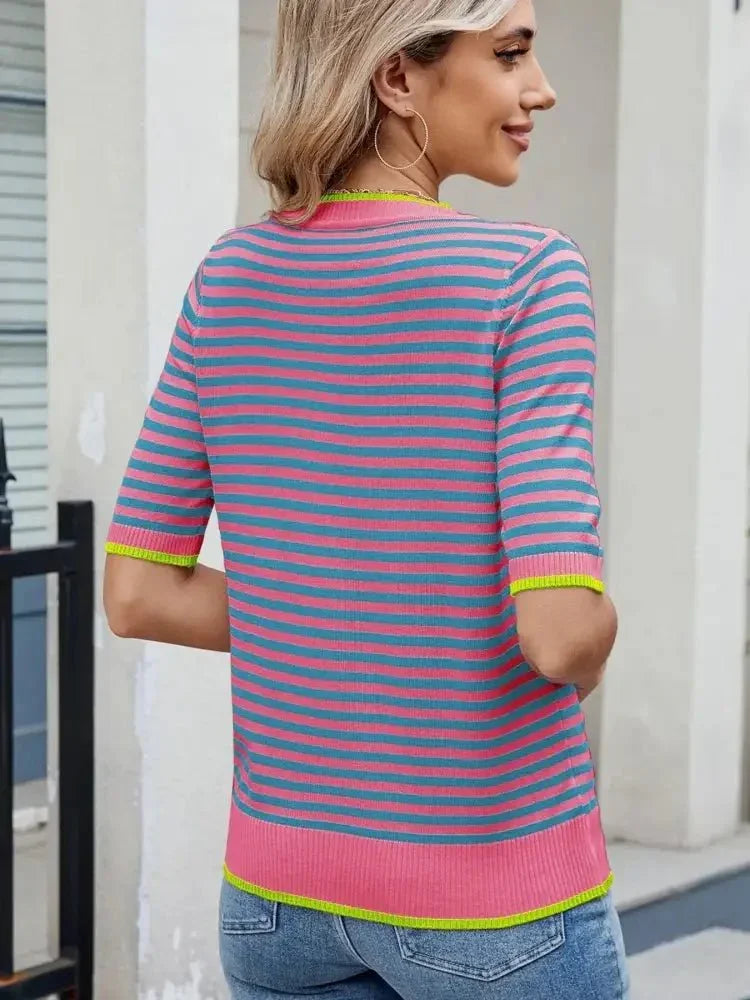 Striped Casual T-Shirt with Contrast Trim - Update AvenueT-ShirtsTrendsi1001000907730091001000907730096cc5daaefd864a659524e16683cd69fc - Max - OriginPink/Blue
