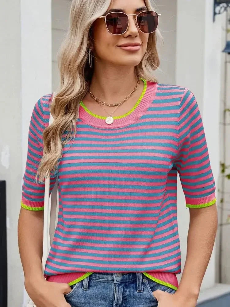 Striped Casual T-Shirt with Contrast Trim - Update AvenueT-ShirtsTrendsi100100090773009100100090773009e43e9161b5594a26a7bc8ecee0b62812 - Max - OriginPink/Blue