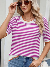 Striped Casual T-Shirt with Contrast Trim - Update AvenueT-ShirtsTrendsi100100090775141100100090775141addb2ac5495c48a995dc84cd4a0e82cb - Max - OriginRose/White