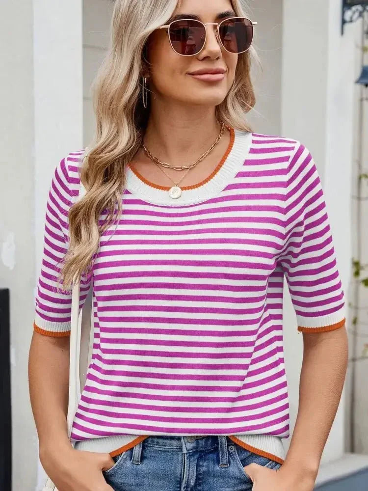 Striped Casual T-Shirt with Contrast Trim - Update AvenueT-ShirtsTrendsi1001000907751411001000907751415c1cb51fd2e74a768c143cbb272d8c07 - Max - OriginRose/White