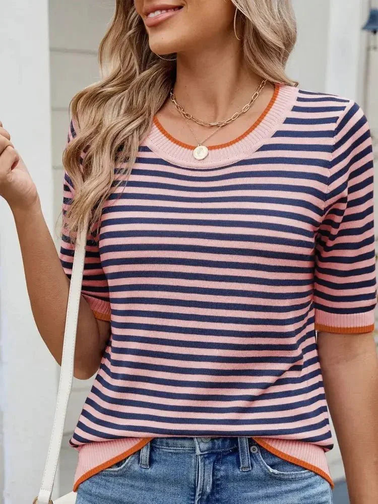 Striped Casual T-Shirt with Contrast Trim - Update AvenueT-ShirtsTrendsi1001000907765301001000907765303218723650a149d9b498c51613ed5bfb - Max - OriginPink/Navy Blue