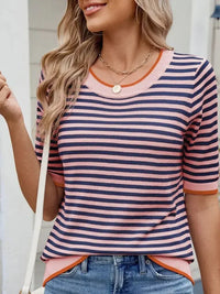 Striped Casual T-Shirt with Contrast Trim - Update AvenueT-ShirtsTrendsi1001000907765301001000907765303218723650a149d9b498c51613ed5bfb - Max - OriginPink/Navy Blue