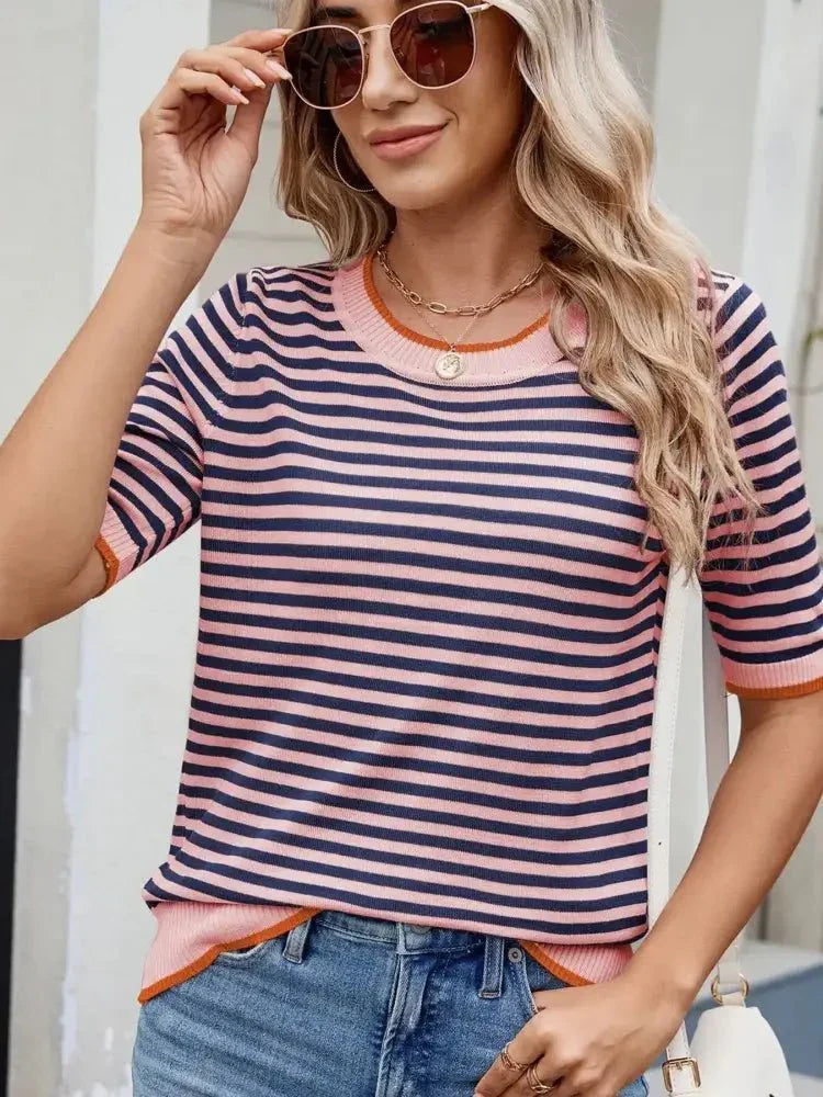 Striped Casual T-Shirt with Contrast Trim - Update AvenueT-ShirtsTrendsi100100090776530100100090776530394e6e57b91d4d15b7ee509cd5961696 - Max - OriginPink/Navy Blue