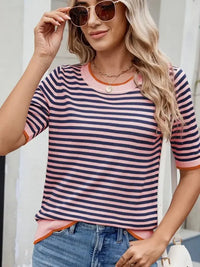 Striped Casual T-Shirt with Contrast Trim - Update AvenueT-ShirtsTrendsi100100090776530100100090776530394e6e57b91d4d15b7ee509cd5961696 - Max - OriginPink/Navy Blue