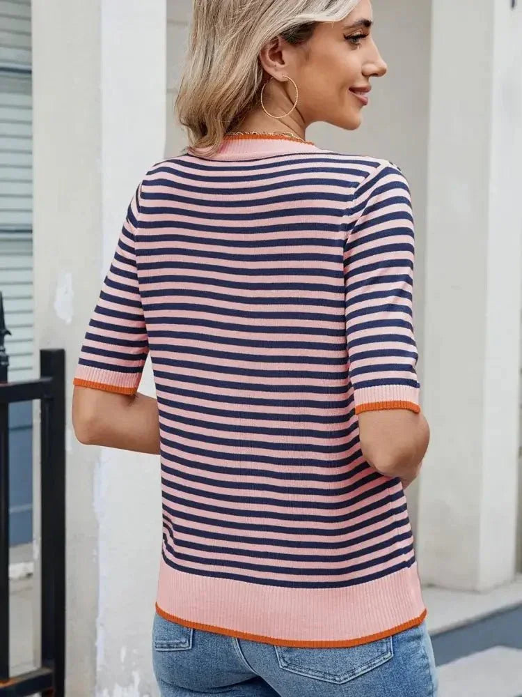 Striped Casual T-Shirt with Contrast Trim - Update AvenueT-ShirtsTrendsi100100090776530100100090776530bfa70fccd11f40348d39e33519150f1d - Max - OriginPink/Navy Blue