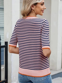 Striped Casual T-Shirt with Contrast Trim - Update AvenueT-ShirtsTrendsi100100090776530100100090776530bfa70fccd11f40348d39e33519150f1d - Max - OriginPink/Navy Blue