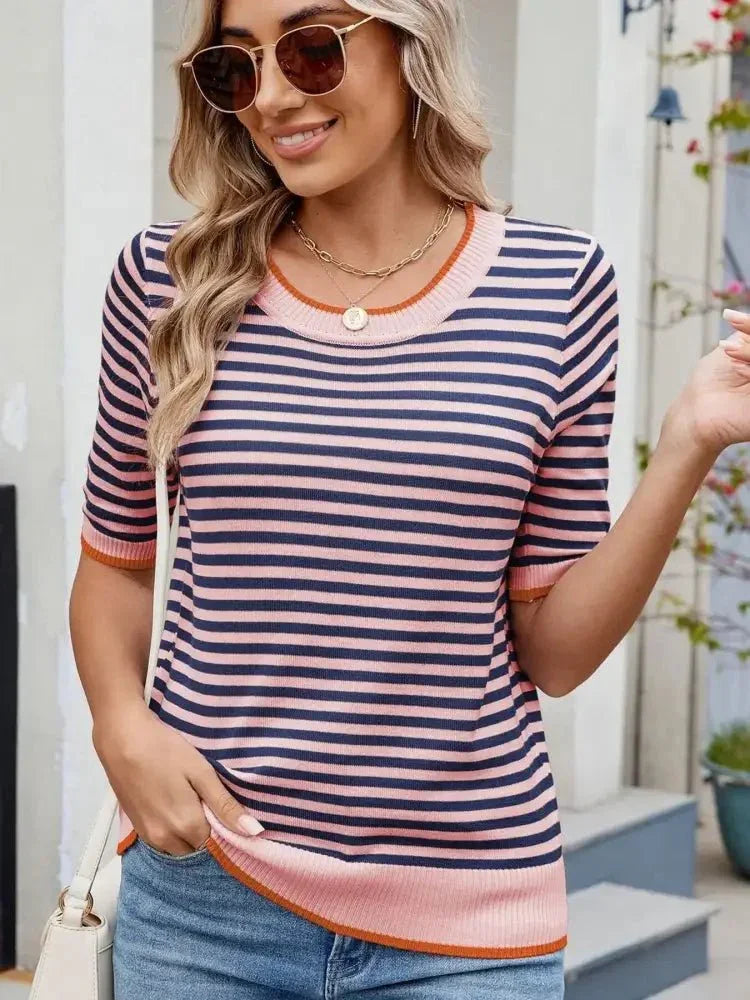 Striped Casual T-Shirt with Contrast Trim - Update AvenueT-ShirtsTrendsi100100090776530100100090776530abc9fbd4531a454497cb9a7d2bb0dc29 - Max - OriginPink/Navy Blue