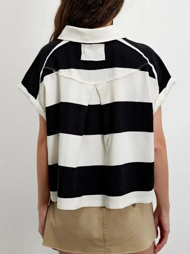 Striped Collared Neck Short Sleeve Top - Update AvenueT-ShirtsTrendsi100100040741912100100040741912c18ce0c5 - 2aa4 - 45df - 829d - 6f889485995c - Max - OriginBlack