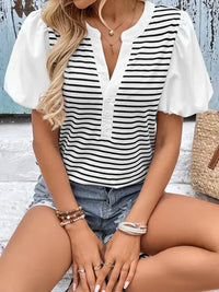 Striped Notched Short Sleeve T-Shirt - Update AvenueT-ShirtsTrendsi10010008290138810010008290138805148353 - 5e85 - 4f1f - 9df1 - 96bed5d87195 - Max - OriginBlack White