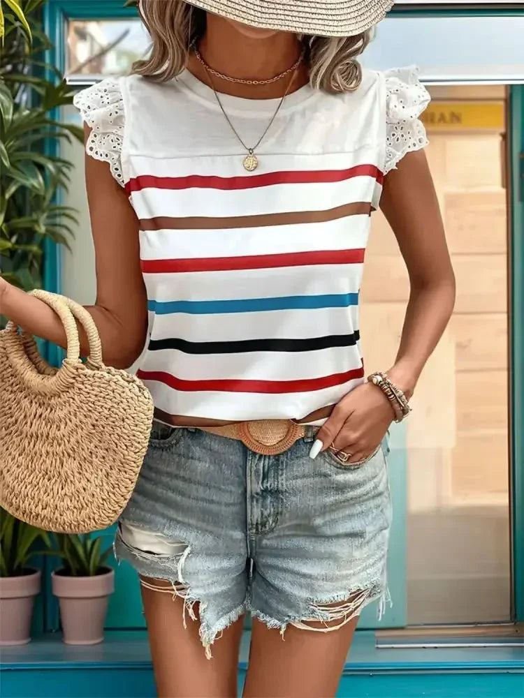 Striped Round Neck Cap Sleeve T-Shirt - Update AvenueT-ShirtsTrendsi1001003096814651001003096814658abd6764 - 08f2 - 4820 - 9d58 - dad67b6d5da9 - Max - OriginWhite