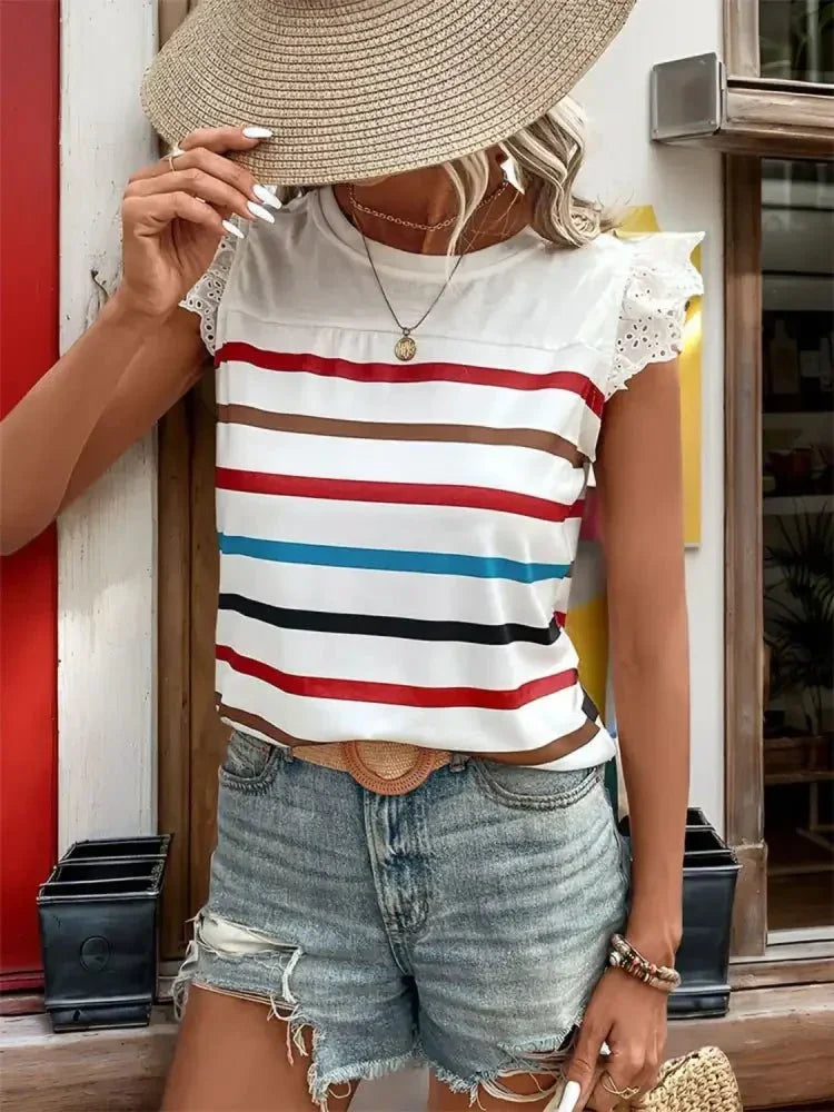 Striped Round Neck Cap Sleeve T-Shirt - Update AvenueT-ShirtsTrendsi100100309681465100100309681465295cd45a - dec1 - 4334 - 8c0b - dcf9de750da5 - Max - OriginWhite