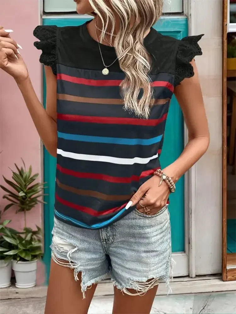 Striped Round Neck Cap Sleeve T-Shirt - Update AvenueT-ShirtsTrendsi10010030968502210010030968502297317254 - e875 - 49b2 - a56f - 8a115a77b920 - Max - OriginBlack
