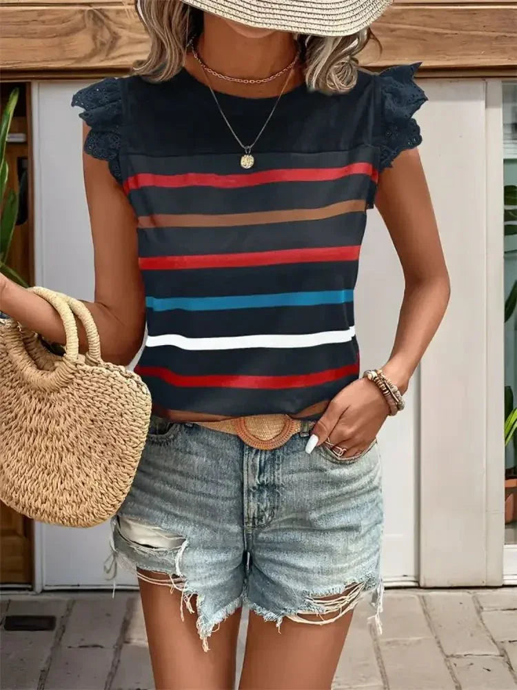 Striped Round Neck Cap Sleeve T-Shirt - Update AvenueT-ShirtsTrendsi10010030968930710010030968930755079e57 - 46bc - 4f82 - b410 - a4d2131798ab - Max - OriginDark Blue
