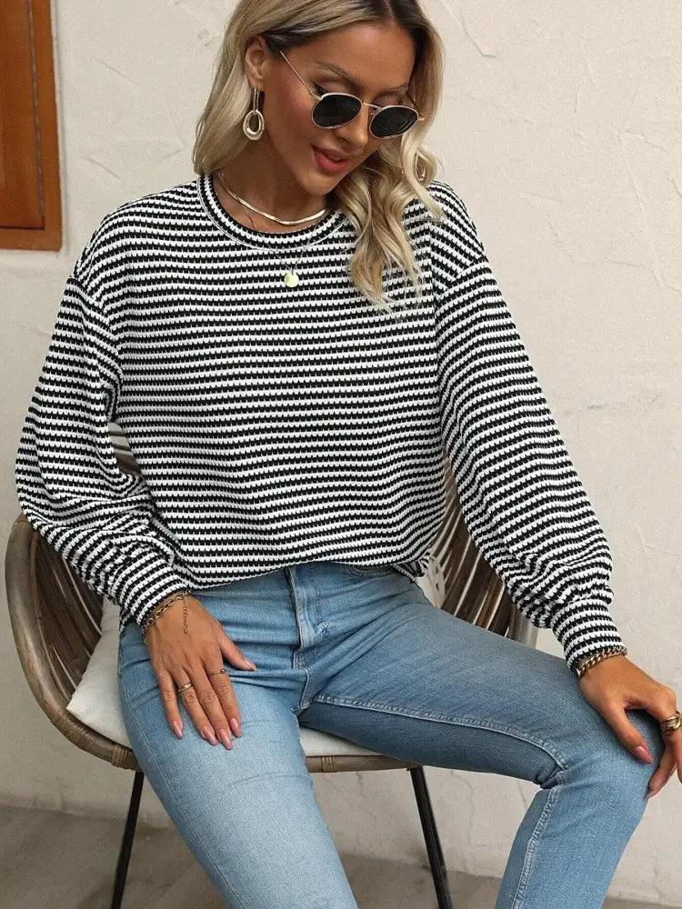 Striped Round Neck Lantern Sleeve Top - Update AvenueT-ShirtsTrendsi1001004685545781001004685545782c829854235e4edcbb165682b13ebb49 - Max - OriginBlack