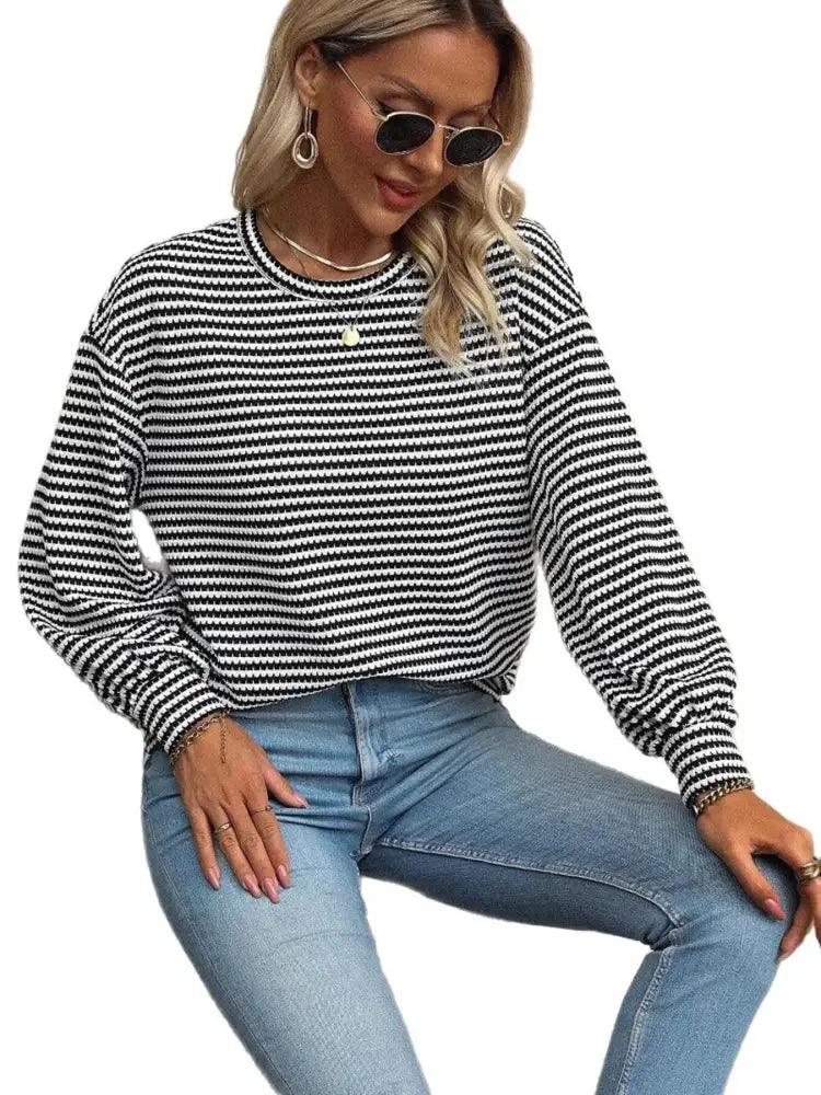 Striped Round Neck Lantern Sleeve Top - Update AvenueT-ShirtsTrendsi100100468554578100100468554578f22850b468774ad5833aac5f9e87881a - Max - OriginBlack