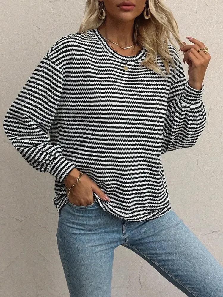 Striped Round Neck Lantern Sleeve Top - Update AvenueT-ShirtsTrendsi100100468554578100100468554578545e29092b0f4f45ba40eb431c4fa1f1 - Max - OriginBlack