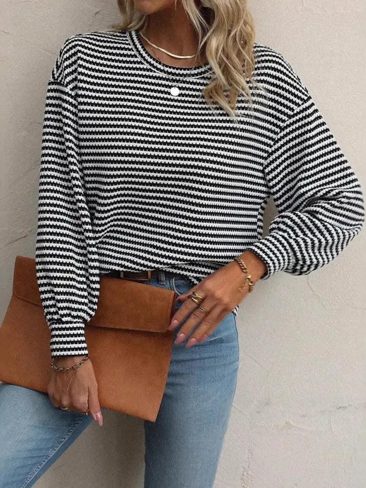 Striped Round Neck Lantern Sleeve Top - Update AvenueT-ShirtsTrendsi1001004685545781001004685545786b4b2190c8ca4b7bb8a4a6fe56c7ed52 - Max - OriginBlack