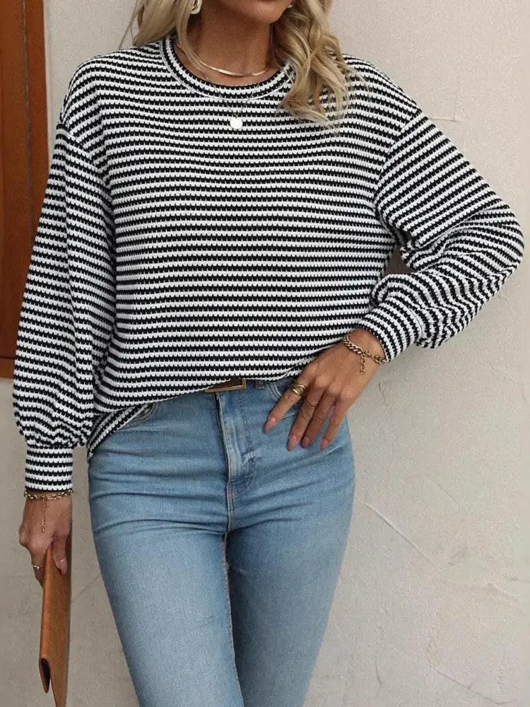 Striped Round Neck Lantern Sleeve Top - Update AvenueT-ShirtsTrendsi100100468554578100100468554578b96797ff9d0d4ce8b65c79d2f5952660 - Max - OriginBlack