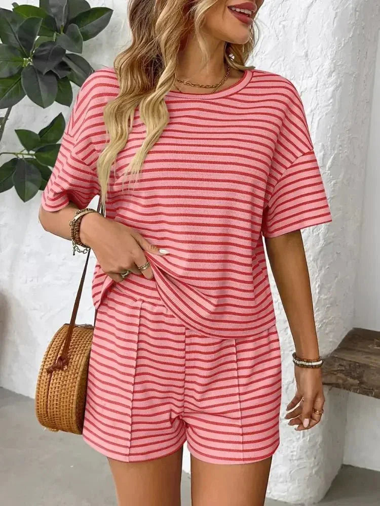 Striped Round Neck Short Sleeve Top and Shorts Set - Update AvenueVacation StyleTrendsi100100789786625100100789786625076568bb - ffd1 - 4532 - af4b - 17d922f5b3f2 - MaxStrawberry