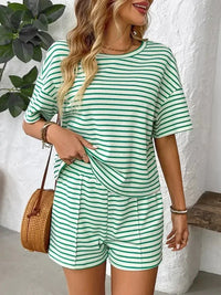 Striped Round Neck Short Sleeve Top and Shorts Set - Update AvenueVacation StyleTrendsi100100789787082100100789787082158198dc - f867 - 4844 - b0d8 - 73254c40478e - MaxGreen