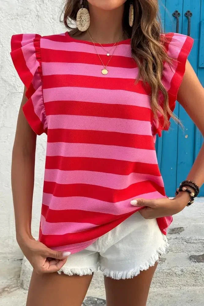 Striped Ruffle Sleeve Summer T-Shirt - Update AvenueT-ShirtsTrendsi100100593491726100100593491726a07188bf - 5dc6 - 4154 - 9f1b - 7429625054da - Max - OriginStrawberry