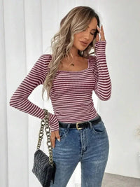 Striped Square Neck Long Sleeve T-Shirt - Update AvenueT-ShirtsTrendsi100100339840636100100339840636566b05d24c834f3f87e36b28e571fa38 - Max - OriginBurgundy